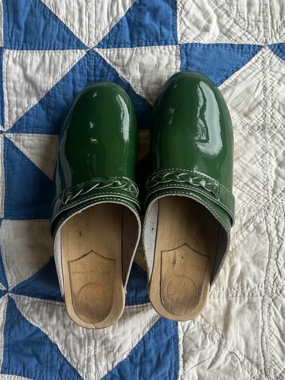 No. 6 Green Patent Leather Braided-Trim Mules